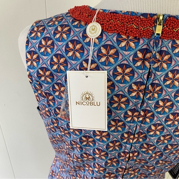 NicoBlu Coralie Sheath Dress Beaded Neckline Size 10 Shell Print Blue NEW $298 - Picture 9 of 16